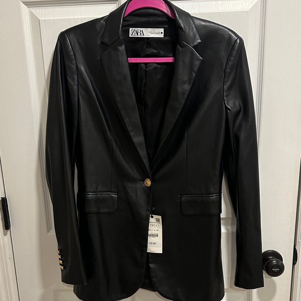 Zara Women's Black Faux  leather ( butter soft) Blazer with Gold Button. NWT